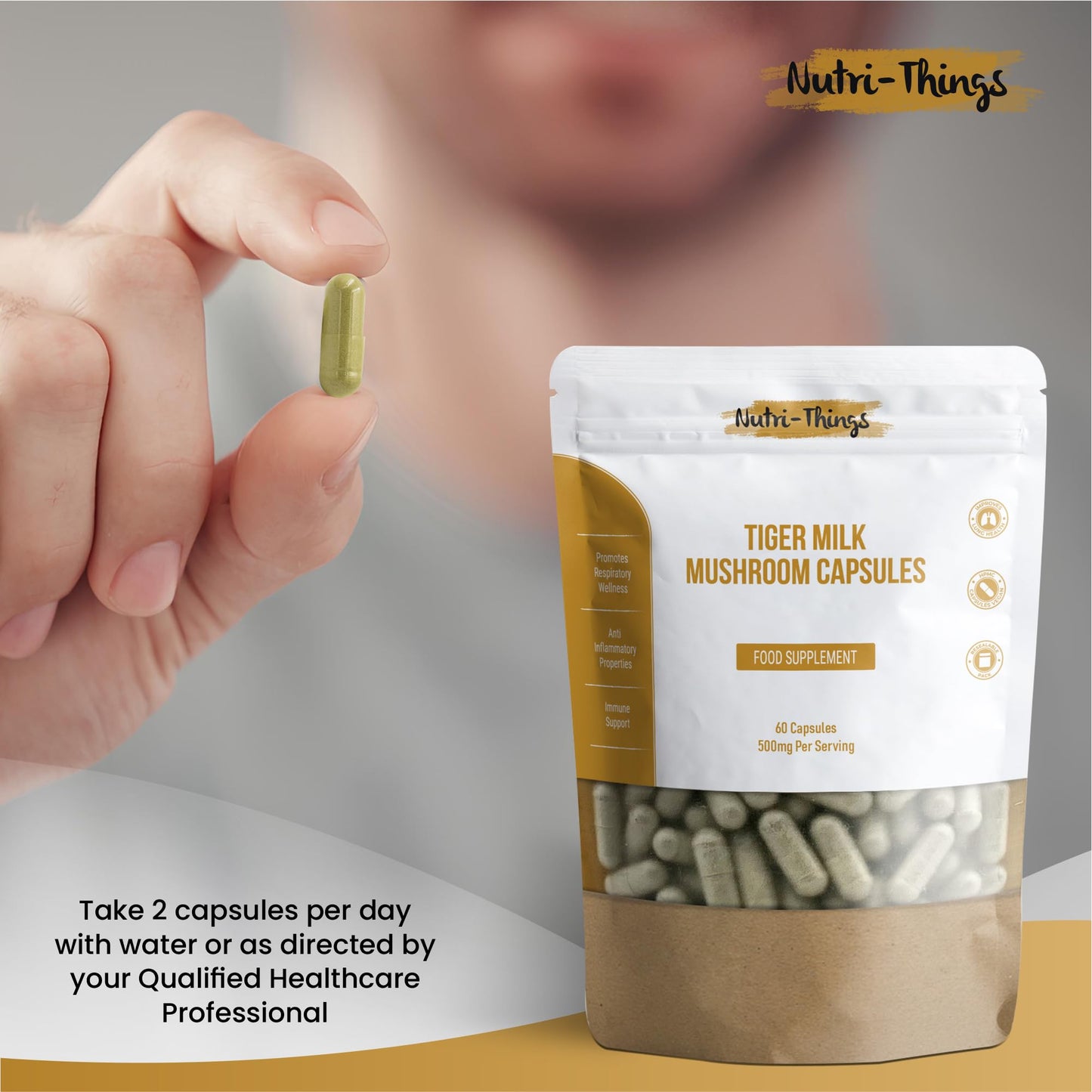 Nutri-things Tiger Milk Mushroom Capsules | Pure 500mg Extract for Immune & Respiratory Support | Vegan-Friendly HPMC | Anti-Inflammatory Benefits | Enhances Lung Health | 60 Count Resealable Pack