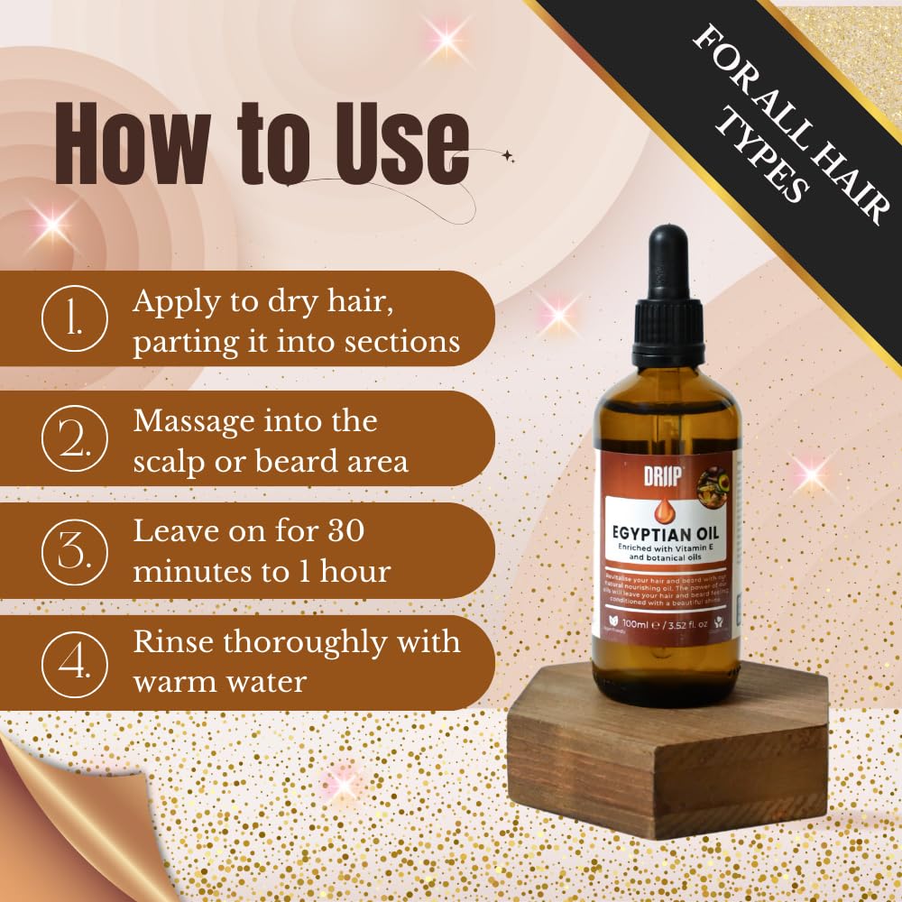 DRIIP Egyptian Hair & Beard Oil Treatment - Enriched with Vitamin E &14 Natural Oils with Biotin - Nourishing Strengthening & Conditioning Hair Growth Oil for Men & Women - Vegan Cruelty Free - 100ml