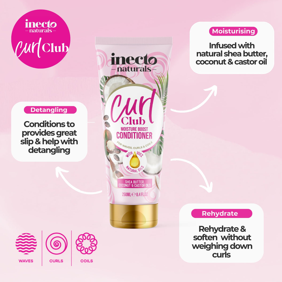 Inecto INECTO Curl Club, Curl-Defining Conditioner 250ml, Vegan & Cruelty Free Frizz Styling Curl Control for Curly or Wavy Hair, 100% Natural