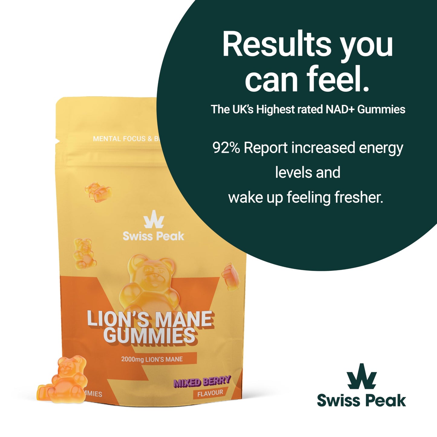 Swiss Peak Lion's Mane 2000mg Max-Strength Gummies, Ginkgo Biloba, Citicoline, Cordyceps, Vitamins B5, B12, 30 Pieces, UK Made | Mental Clarity, Effective Alternative to Capsules and Tablets