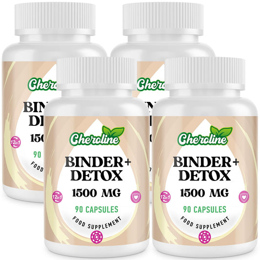 Cheroline Binder Detox Capsules 1500mg, with Activated Charcoal for Toxins, 12 in 1 Liver Gut Detox for Digestive & Bloating Relief, 90 Vegan Capsules (90 Count (Pack of 4))