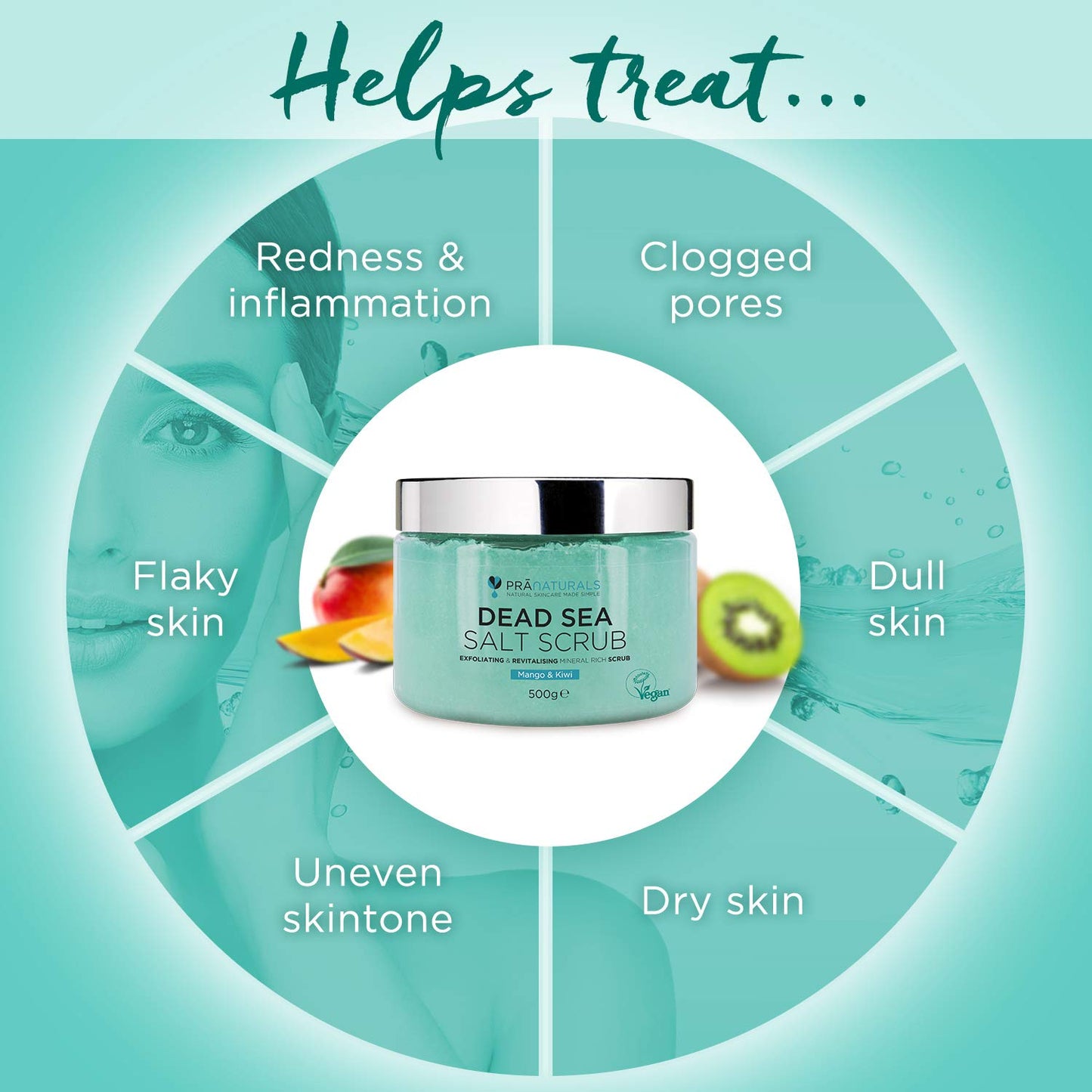 PraNaturals Dead Sea Salt Scrub, 100% Nourishing & Exfoliating, Mineral Rich Smooths Brightens & Moisturizes Skin, Enriched with Mango & Kiwi Scent (2x 500g)