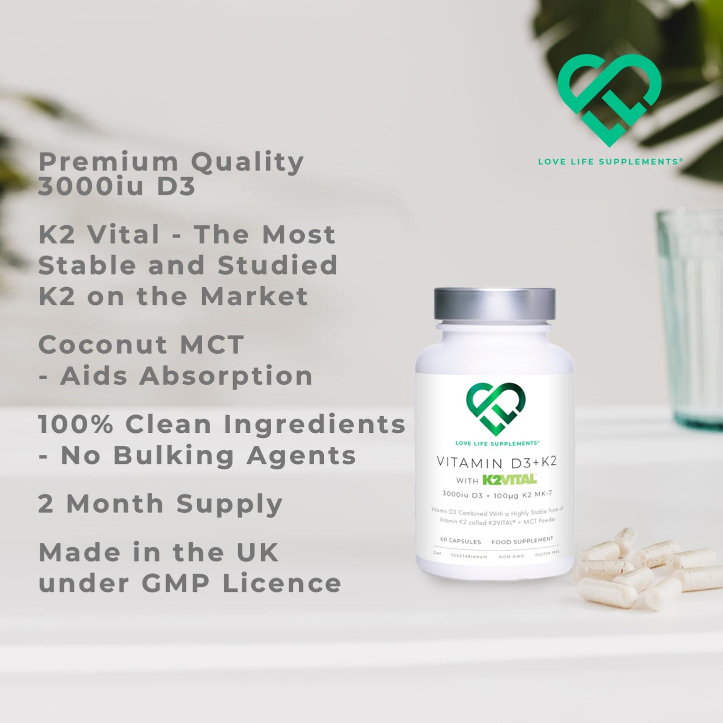 Vitamin D3 K2 and MCT Powder for Superior Absorption | Includes K2VITAL® MK-7 - A Premium Form of K2 | 60 Capsules | 3000iu D3 + 100μg K2 | Love Life Supplements - Premium UK Supplements
