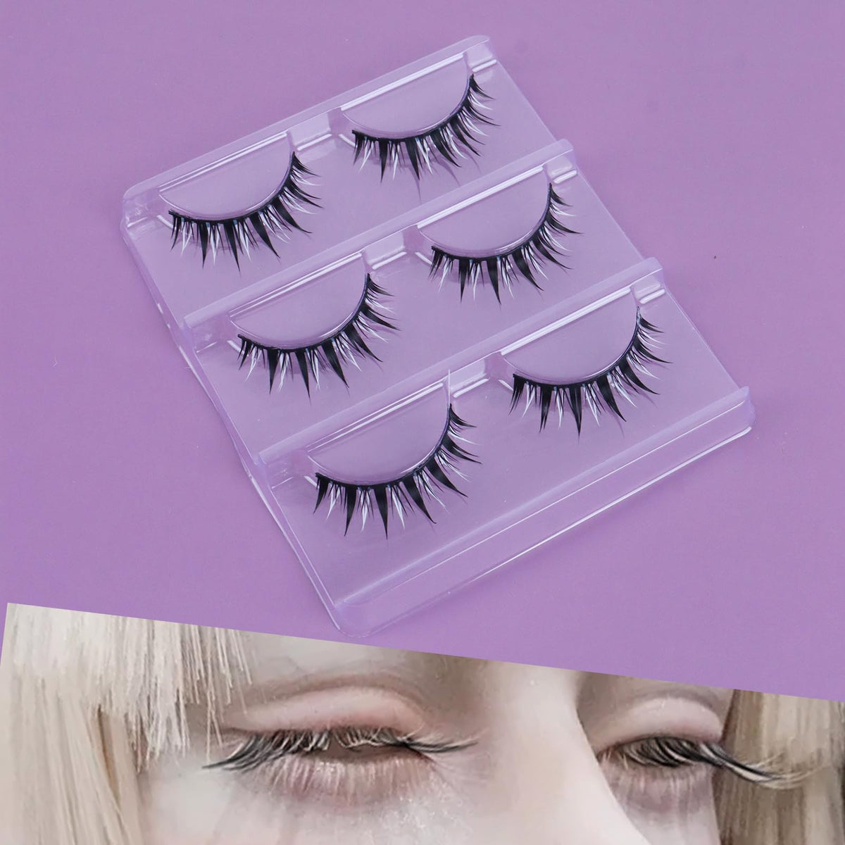 Klfoho Manga Lashes Natural Wet Look Wispy Spiky Lashes Anime Eyelashes Wispy Natural Lashes Extension Strip Japanese Style Fake Eye Lashes Handmade (Black White 3 Pairs)