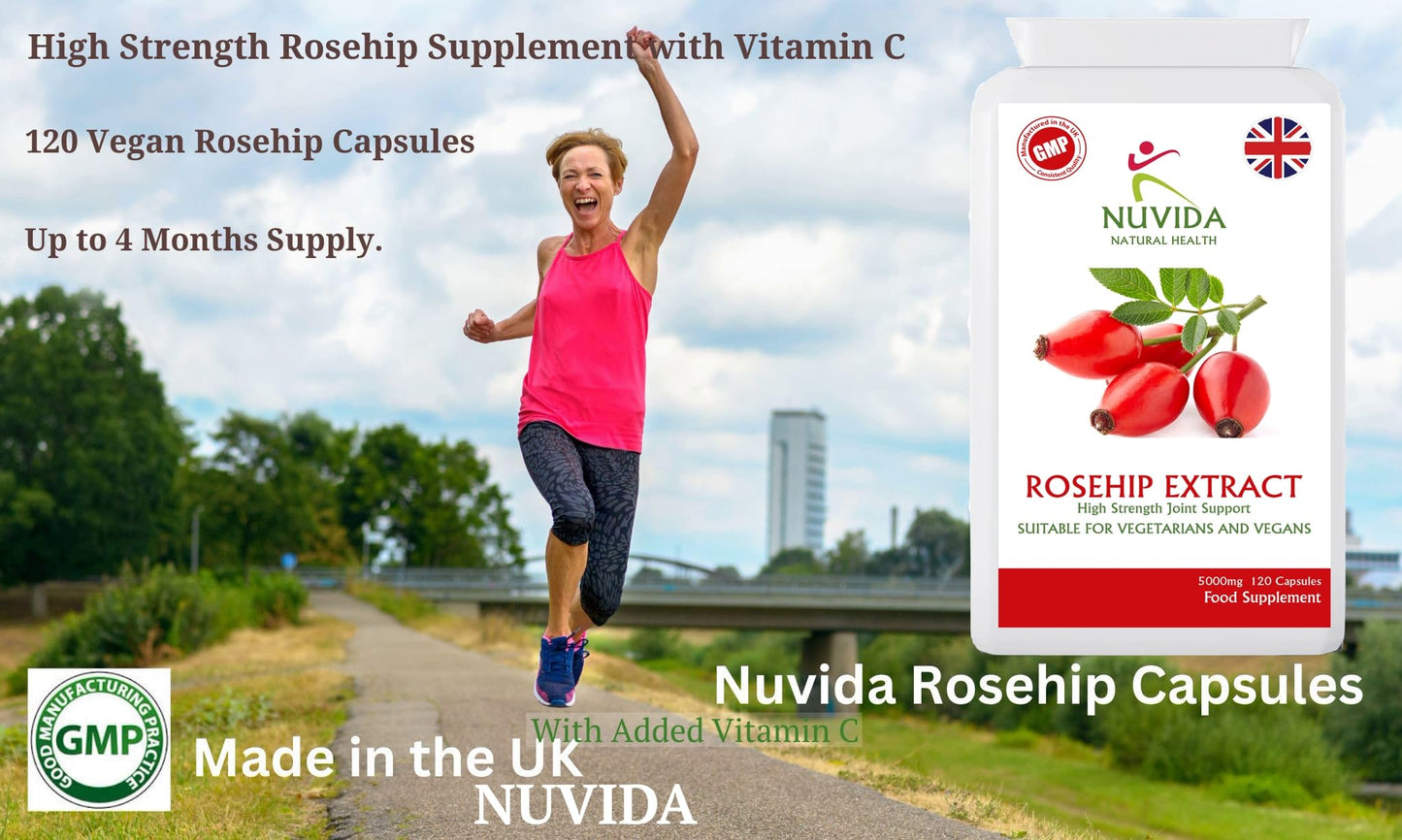 NUVIDA NATURAL HEALTH Rosehip Capsules - High Strength Rosehip Supplement with Vitamin C to Support Joint Health, Bones, Cartilage and Collagen Formation - 120 Vegan Rosehip Capsules. Up to 4 Months Supply.