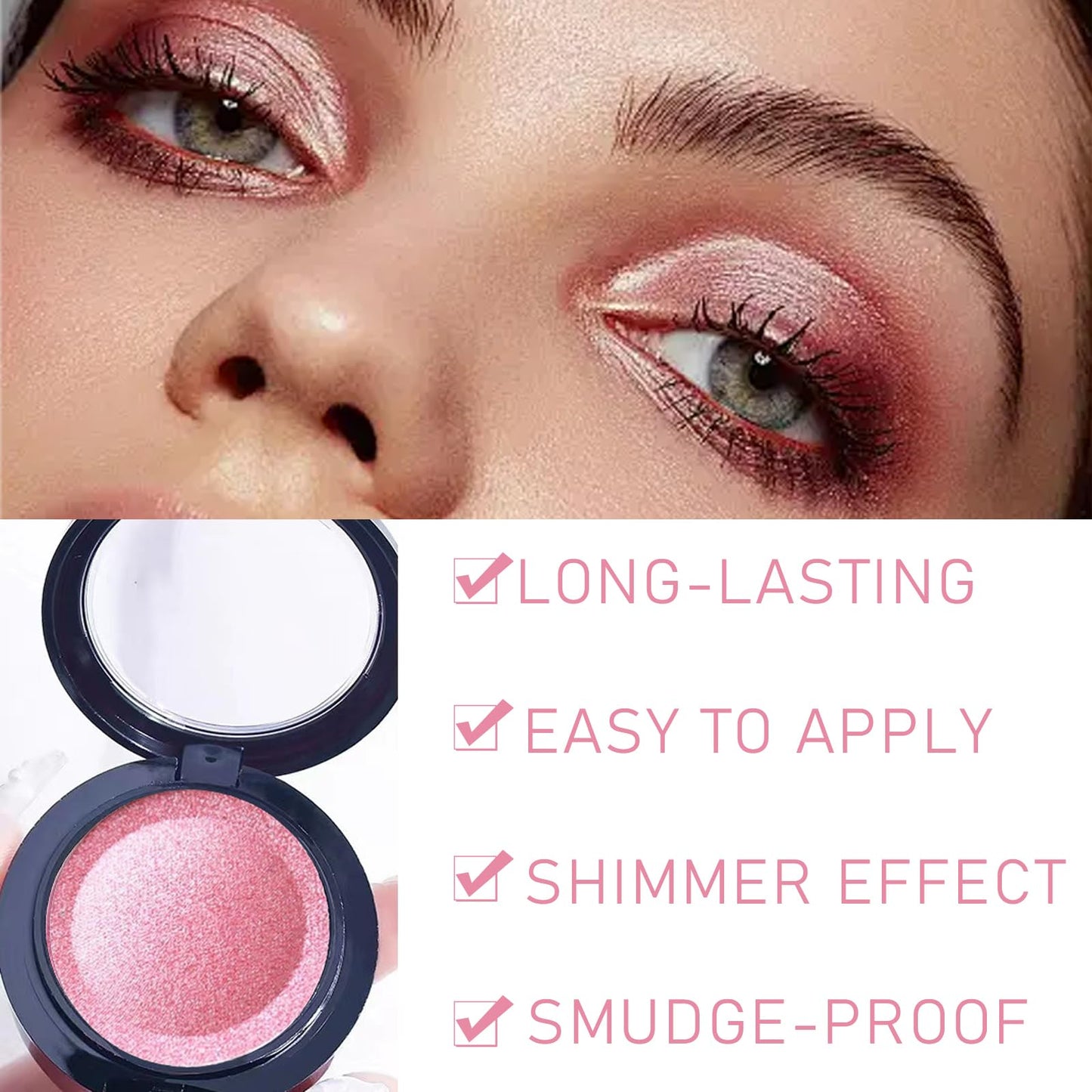 Pink Shimmer Eyeshadow Single Pink Eyeshadow Long-Lasting, Highly Pigmented Eye Shadows Waterproof Fine Powder Single Eye Shadow Palette Eyeshadow Make-Up for Women & Girls