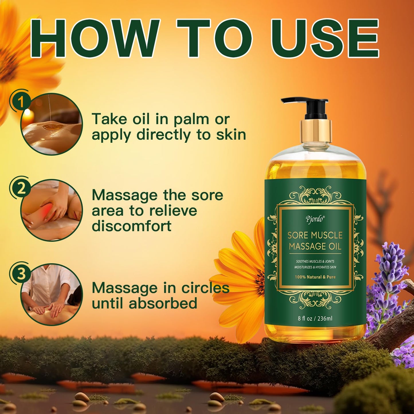 Pjordo Massage Oil for Muscle Pain, 236ml Natural Body Massage Oil for Massage Therapy, with Lavender Oil, Arnica & Chamomile Extract, Soothes Muscle and Joint for Professional & Home Use