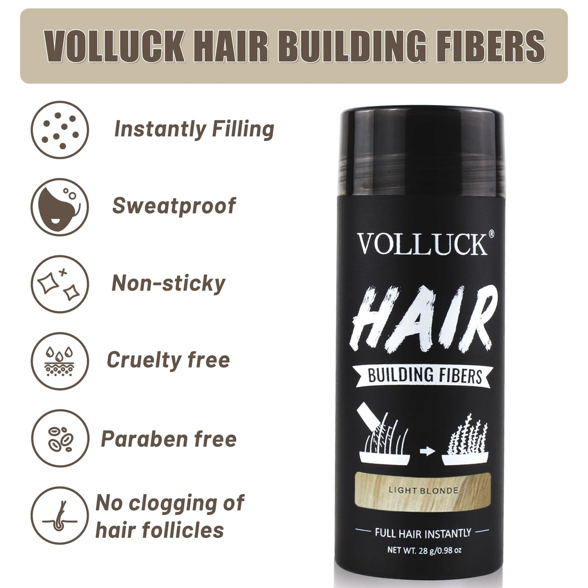 VOLLUCK Hair Fibres, Hair Thickening Products for Women Men, Long-lasting Hair Thick Fiber for Hair Loss 28 g (Light Blonde)