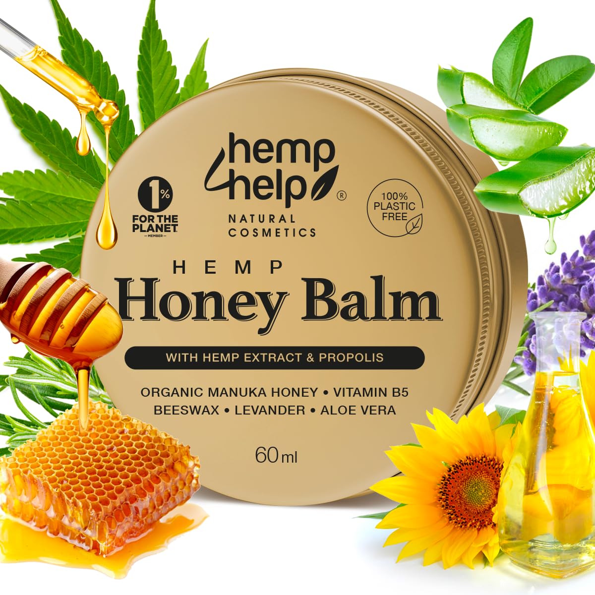Hemp Help HEMP COSMETIC Vaseline-Infused Manuka Honey & Hemp Balm – Soothes Dry, Cracked Skin, Eczema, Psoriasis – Dermatologist-Recommended, Eco-Friendly, Plastic-Free Packaging, Cruelty Free - 60ml