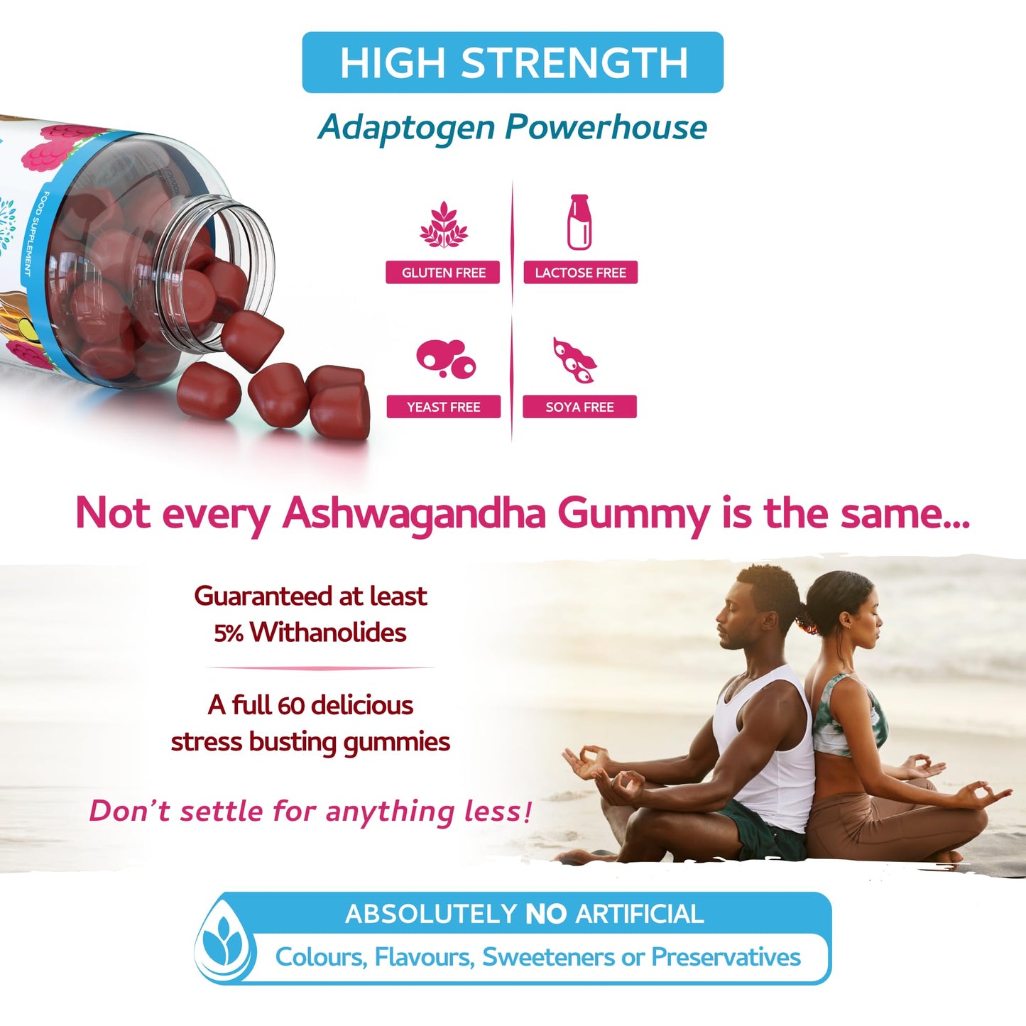 swiss bioenergetics Ashwagandha Gummies - 60 Natural Raspberry Flavoured Chewable & Yummy - 1200mg High Strength Serving with 5% Withanolides - 30 Day Supply - UK Made