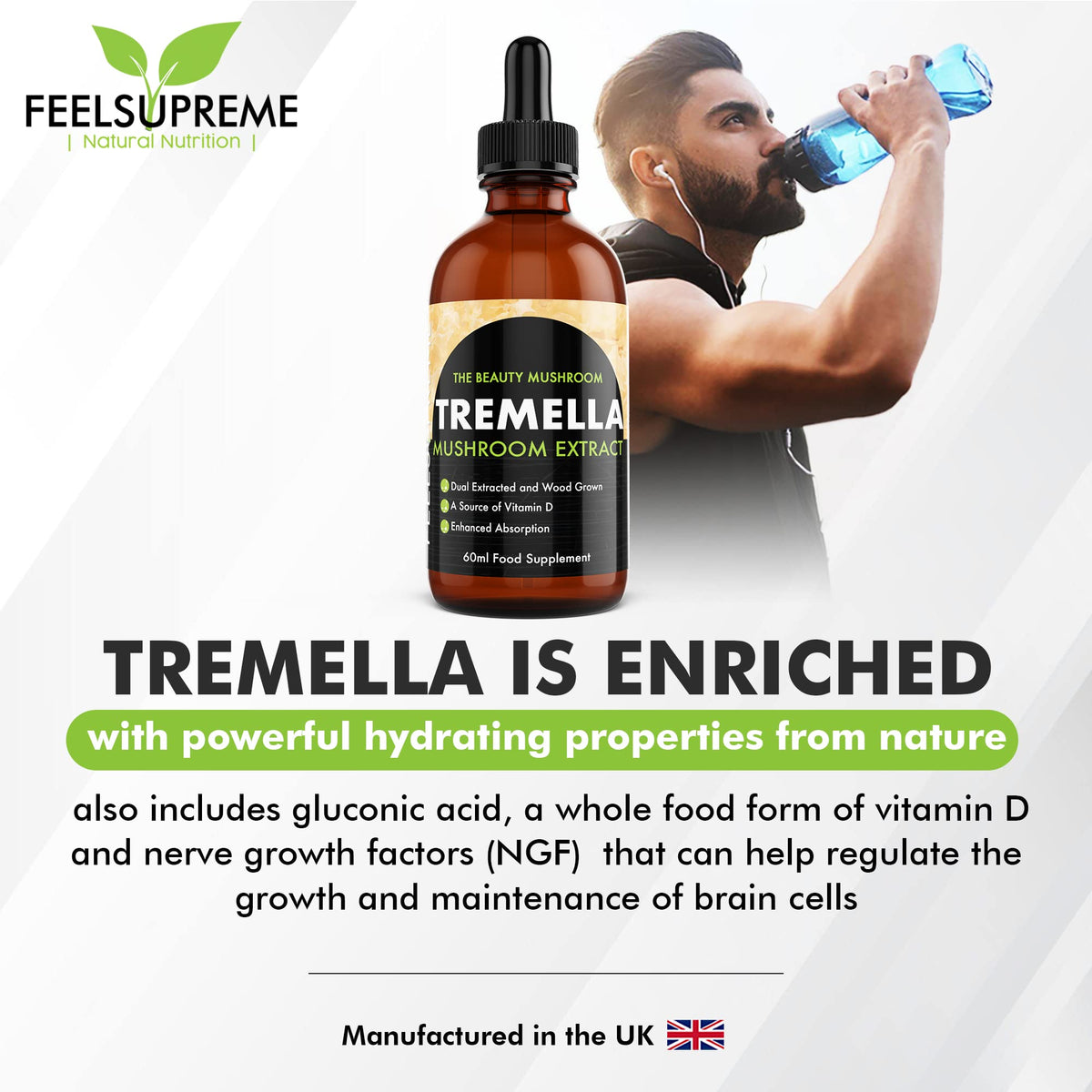 Feel Supreme - Tremella Liquid Extract - Wood Grown Mushroom Extract Supplement for Skin Health and Hydration - Mushroom Supplement, Mushroom Gifts, Supplements for Men and Women - 60ml