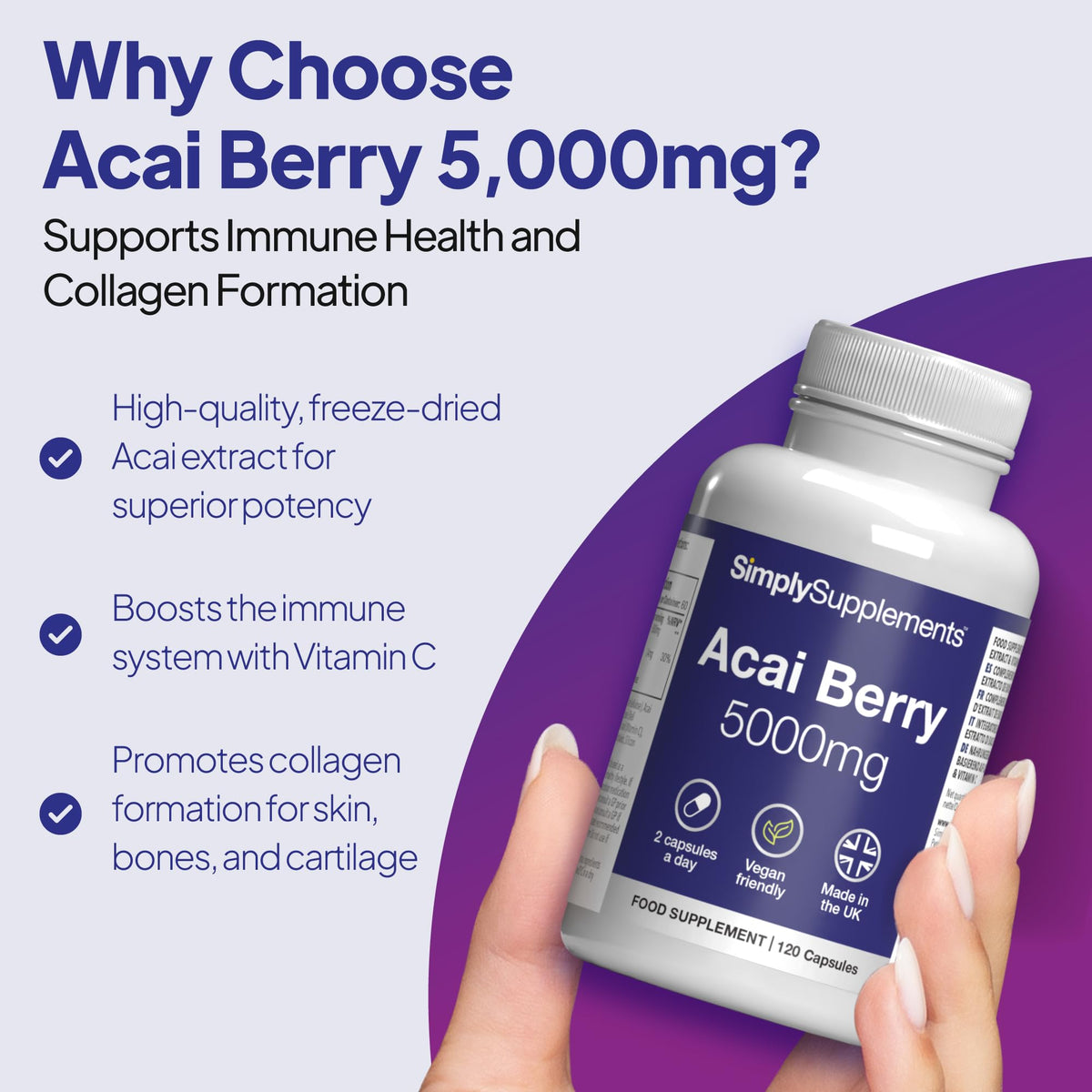 Simply Supplements Acai Berry 5,000mg Capsules | with Vitamin C | Supports Immune System & Collagen Formation | Freeze-Dried Extract | Vegan Friendly | 120 Capsules = 2-Month Supply | UK Made