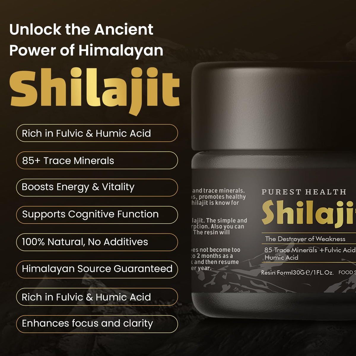 Purest Health 100% Natural Shilajit 30g - Premium Himalayan Resin - Rich in Fulvic & Humic Acid & 85 Trace Minerals - for Optimal Health
