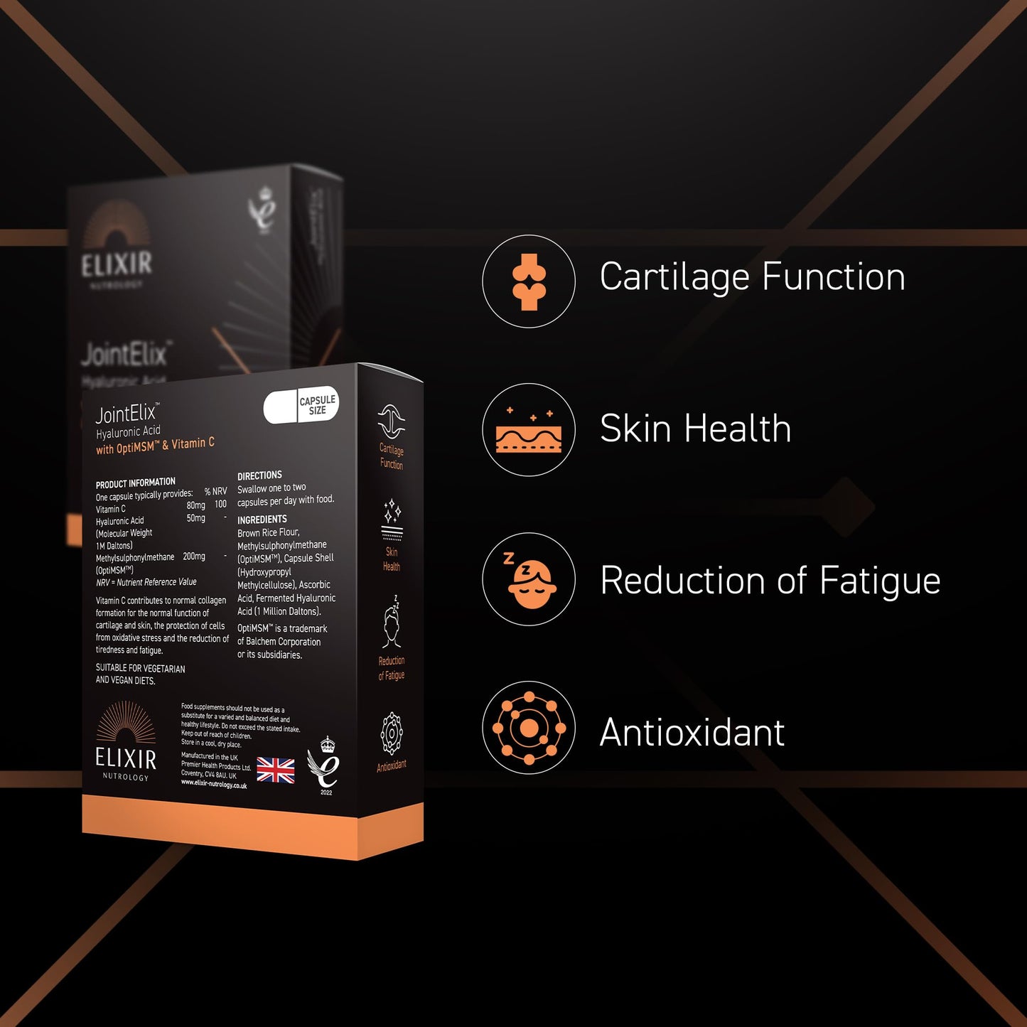ELIXIR NUTROLOGY Joint Health Support Capsules | Hyaluronic Acid, Vitamin C & OptiMSM | Supports Normal Collagen Formation for Cartilage | Daily Joint & Mobility Nutrition for Adults | 30 Vegan Capsules | UK Made