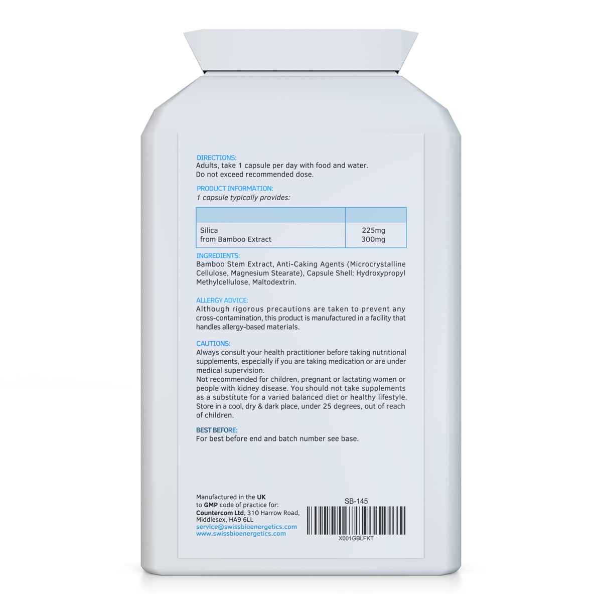 swiss bioenergetics Silica 225mg - A Potent Highly Bioavailable Form - Naturally Sourced from Bamboo Extract - 90 One-A-Day Vegan Capsules – Exclusively Manufactured in The UK
