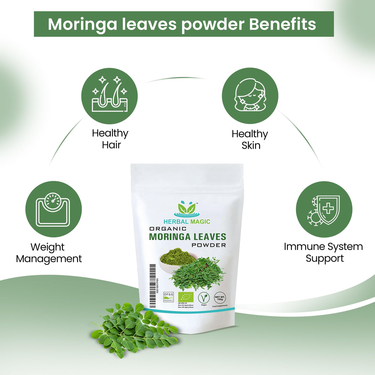 Herbal Magic's Organic Moringa Leaf Powder Raw and Pure Whole Leaves, Green Superfood for Smoothies, Shakes, Baking, Free from Fillers & Preservatives. of&G UK Organic Certified 100g (Pack of 1)