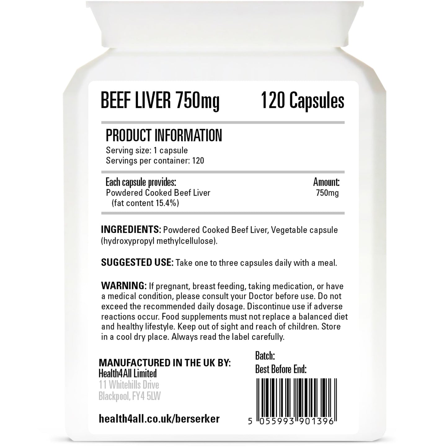 BERSERKER Supplements Berserker Desiccated Beef Liver Supplement 750mg per Capsule 120 Capsules, Un-defatted to Provide Full Absorption of Naturally Occurring Vitamins and Minerals Found in Beef Liver | Made in The UK