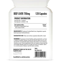 BERSERKER Supplements Berserker Desiccated Beef Liver Supplement 750mg per Capsule 120 Capsules, Un-defatted to Provide Full Absorption of Naturally Occurring Vitamins and Minerals Found in Beef Liver | Made in The UK