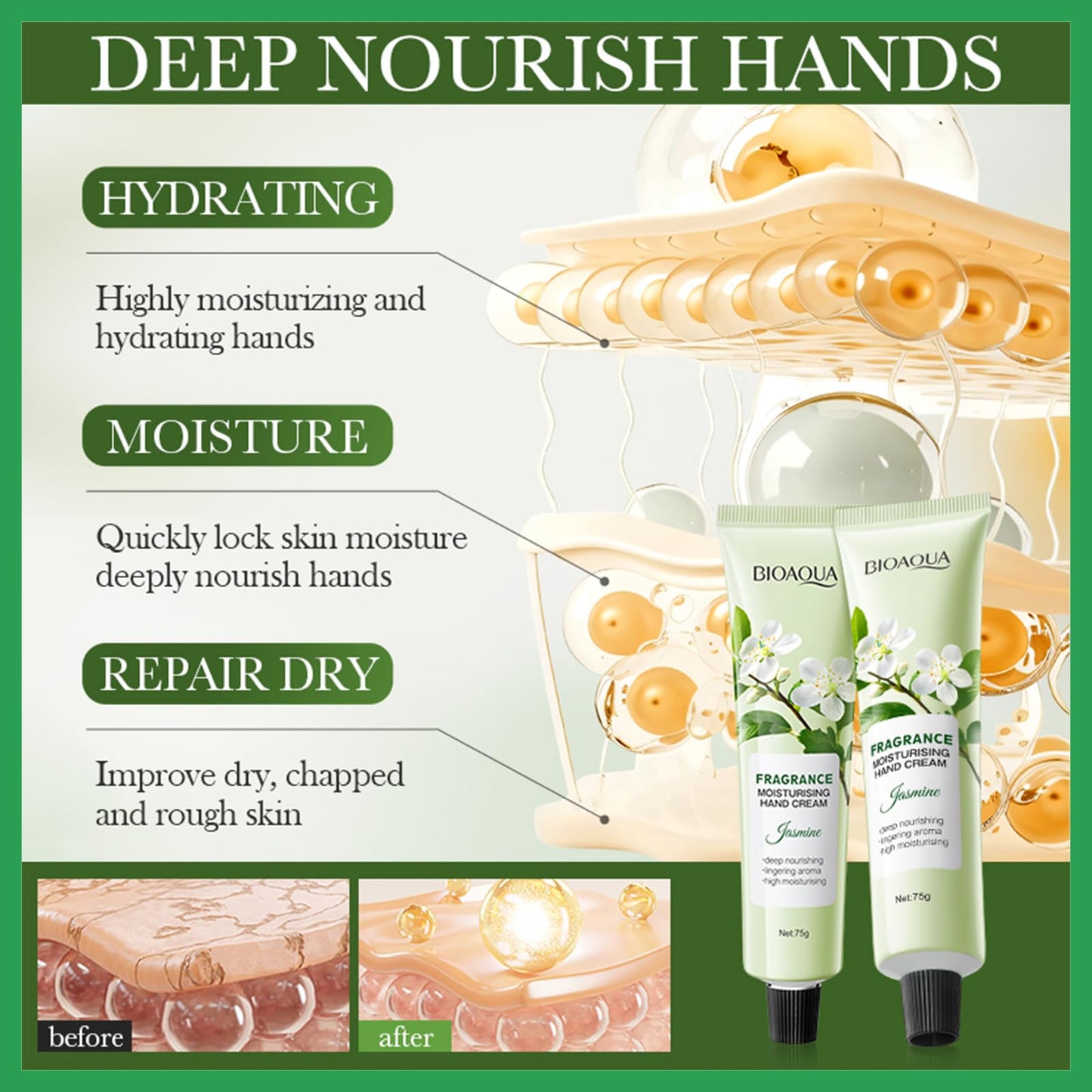 MINSHZEE Jasmine Moisturizing Hand Cream, Moisturizing Hand Cream for Men and Women, Vegan Hand Cream for Men and Women, Natural Extracts, Deeply Nourishing, 75g