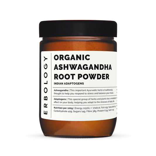 Erbology 100% Organic Ashwagandha Powder 220g - Sleep Aid - Straight from Farm - Raw, Vegan and Gluten-Free - Non-GMO - No Additives or Preservatives - Recyclable Glass Jar