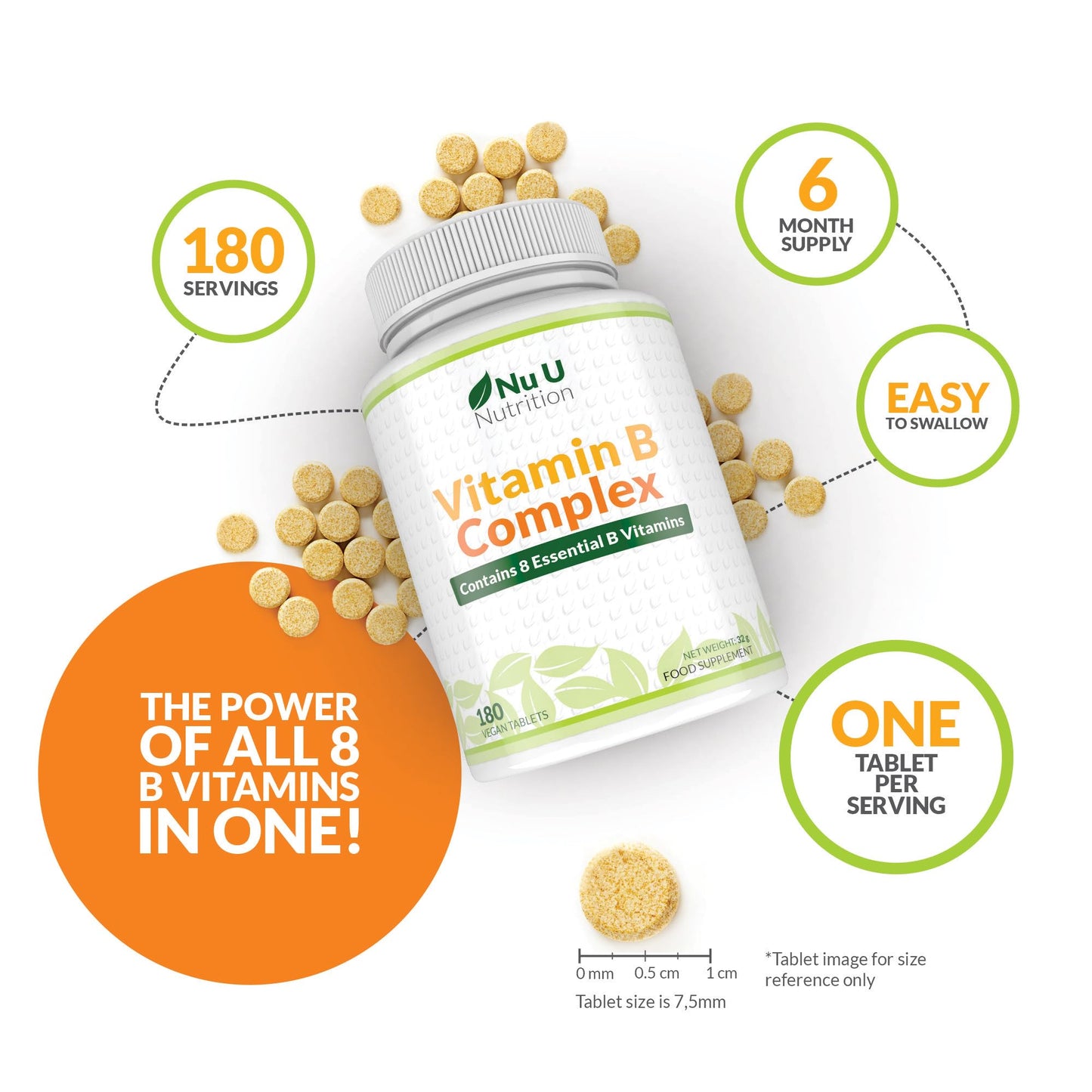 Vitamin B Complex High Strength - 180 Vegan Tablets - 6 Month Supply - Contains All 8 B Vitamins in 1 Tablet - Vitamins B1, B2, B3, B5, B6, B12, Biotin & Folic Acid - Nu U Nutrition