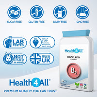 Vitamin B2 Riboflavin 100mg 60 Tablets Migraine Support, Stress and Energy. Vegan. Made by Health4All