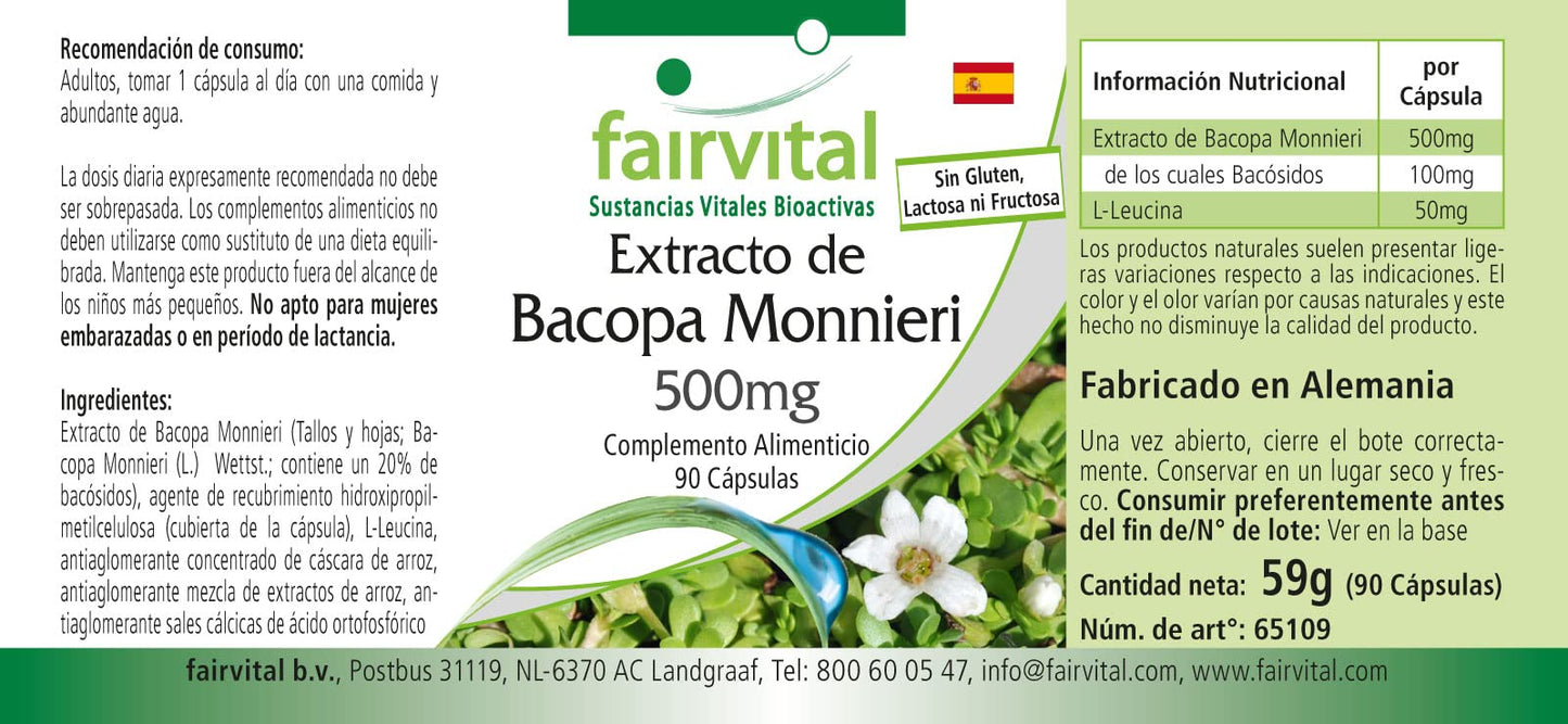 fairvital Fairvital | Bacopa Monnieri Extract 500mg, Brahmi, Vegan, Without Magnesium Stearate, 90 bacopa Capsules