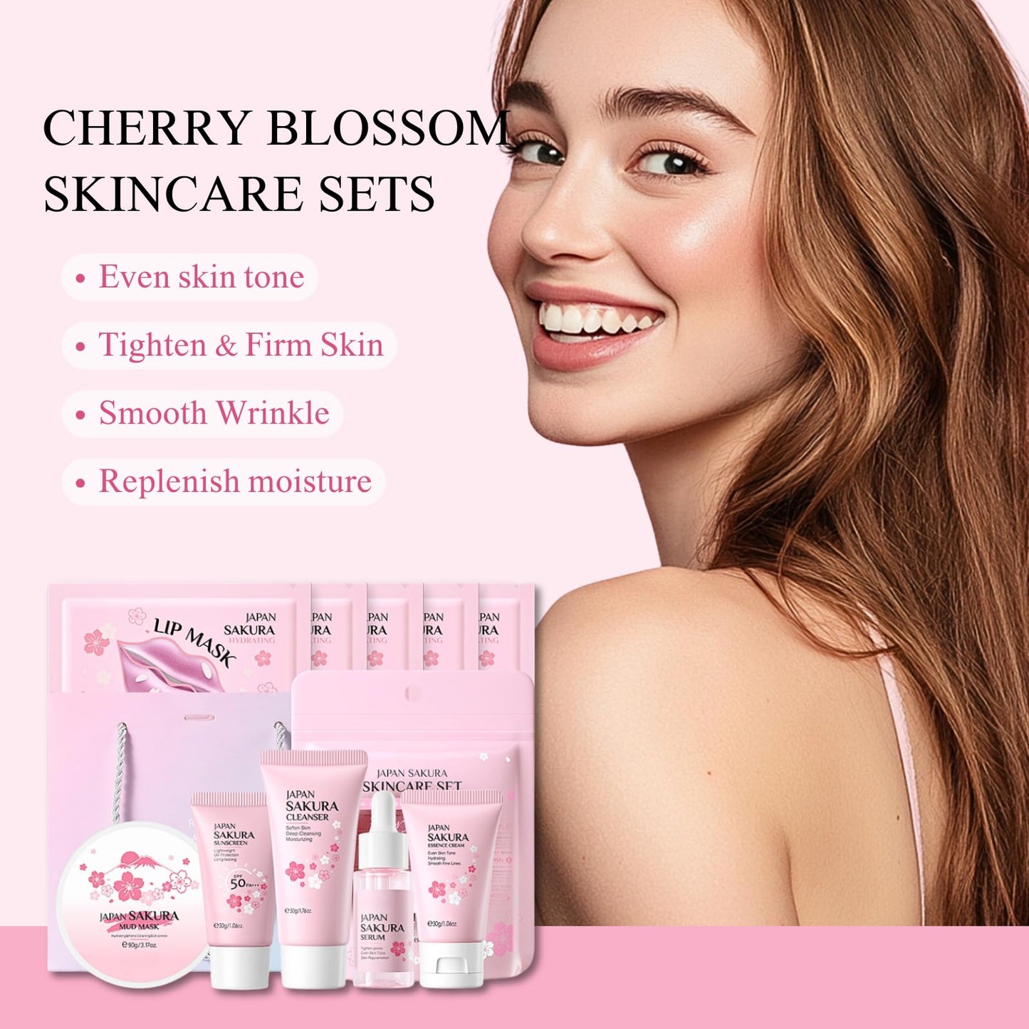 TBeautfave Skincare Gift Set for Teenage Girls, Cherry Blossom Skin Care Sets & Kits, Pamper Sets for Women Gifts, Travel Skincare Sets, Facial Kit - Cream,Serum,Cleanser,Sunscreen,Mud Mask,Lip Masks