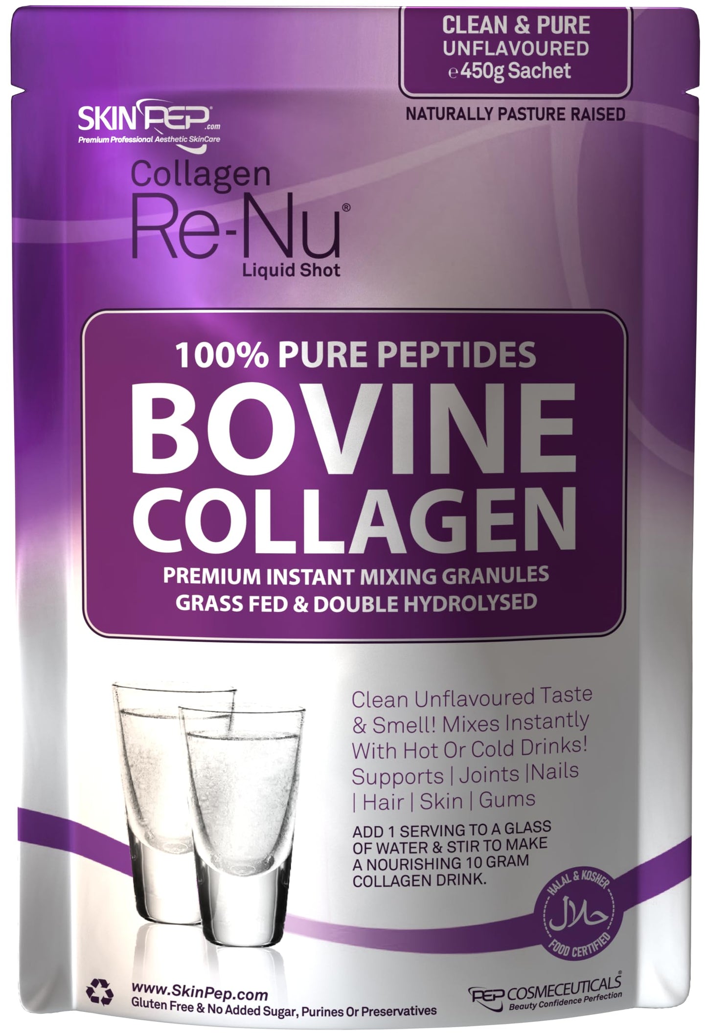 Skin Pep Collagen Powder 450g, Ultra Premium Hydrolysed Bovine Collagen Peptides by SkinPep - Halal & Kosher - High Levels of The 8 Essential Amino Acids, Collagen Supplements, Made in UK