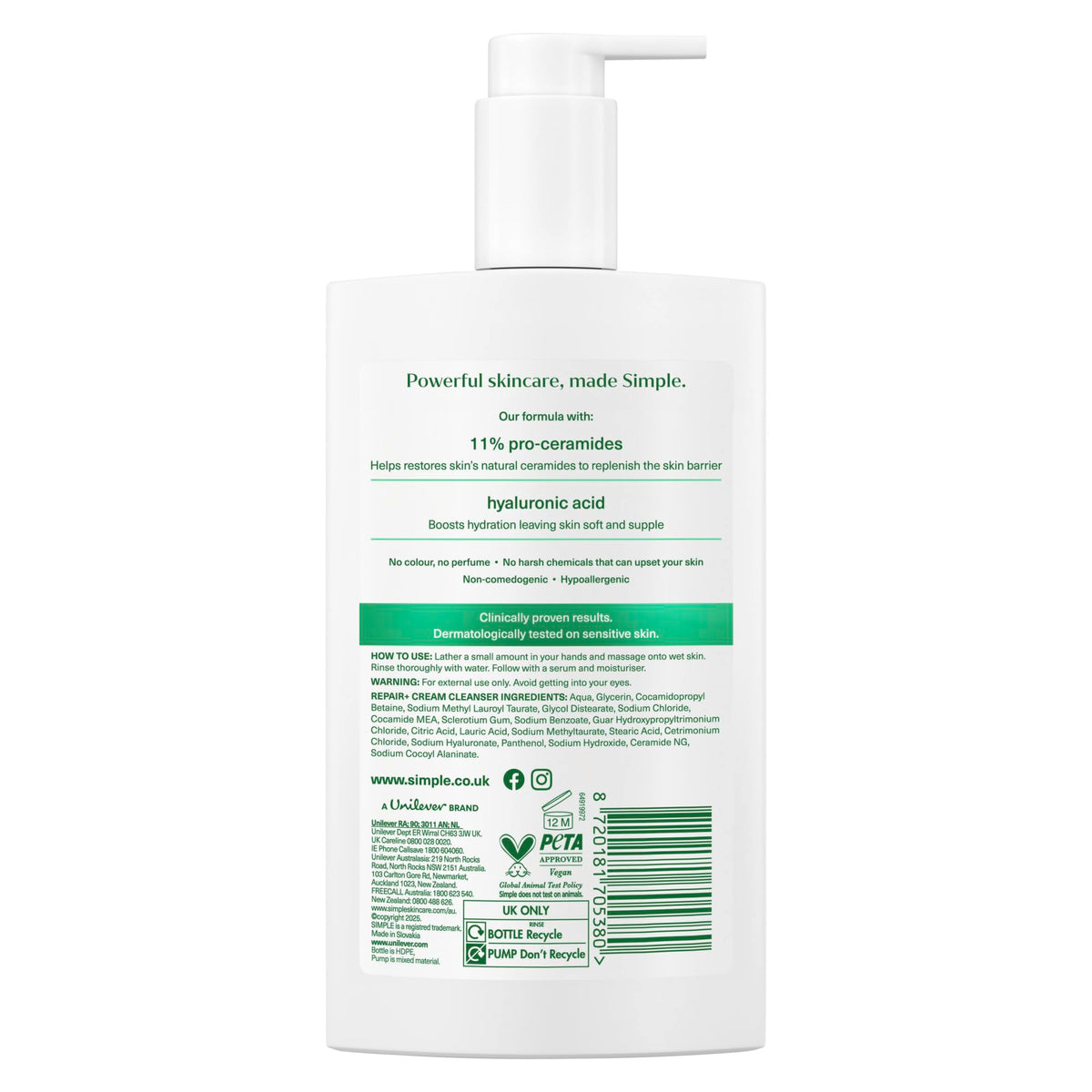 Simple Repair+ Facial Cream Cleanser pro-ceramides + hyaluronic acid restores dry and dehydrated skin from the first use 240 ml