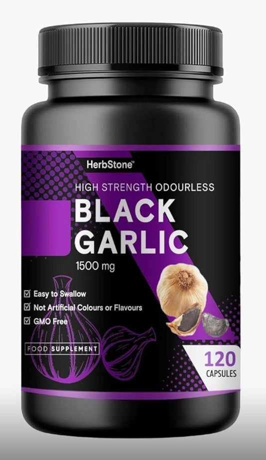 HerbStone HERBSTONE Black Garlic Capsules 1500mg High Strength | 120 Odourless Vegetarian Capsules | Aged Black Garlic Extract Supplement | Supports Heart Health, Cholesterol & Circulation | UK Formula
