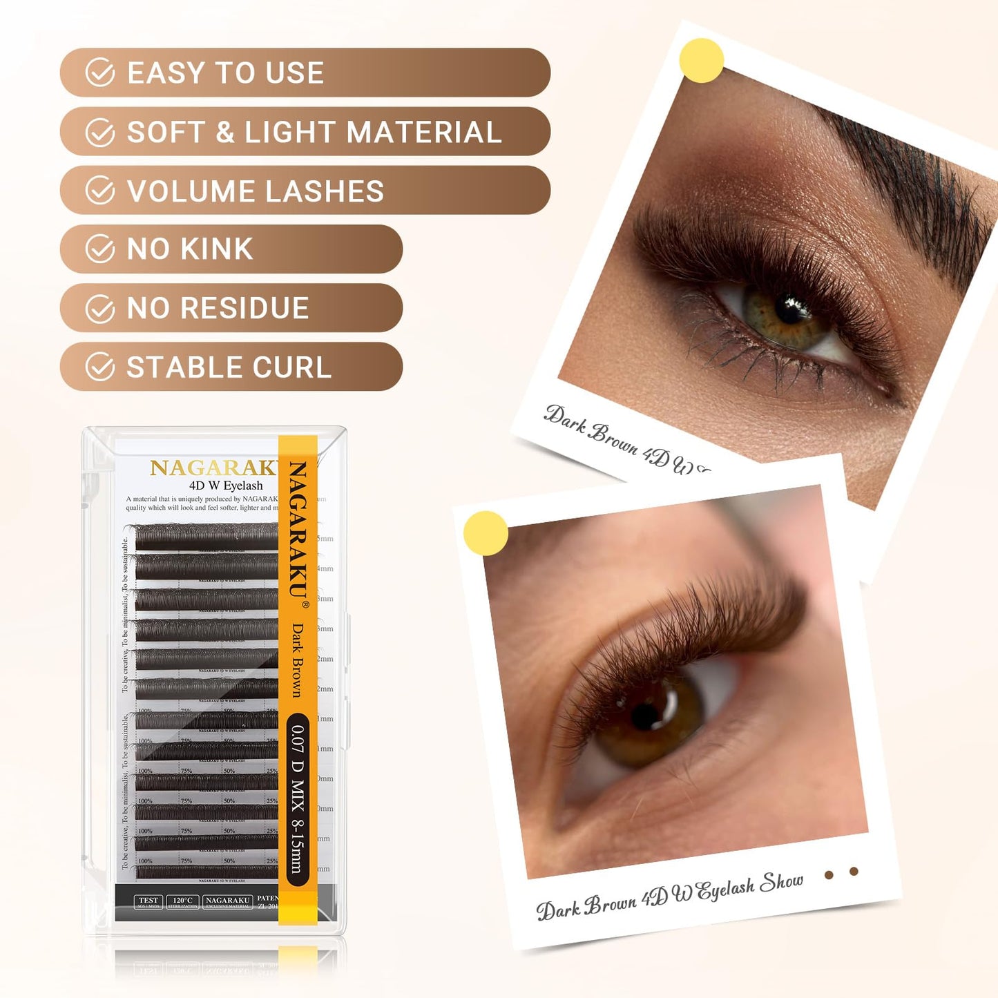 NAGARAKU Dark Brown 4D Lashes，W Shape Eyelash Extensions 0.07mm C Curl 8-15mm Mix Volume Lashes Hand Woven Long Stem Matte Black Premade Fans 4 Tips False Eyelash