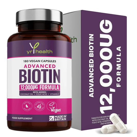 yrhealth Biotin Hair Growth Supplement 12,000mcg, 180 Vegan Capsules not Biotin Tablets for Hair Skin and Nails with Coconut Oil, Vitamin C & Folic Acid, Vitamin B7 for Men and Women - Made in UK by YrHealth