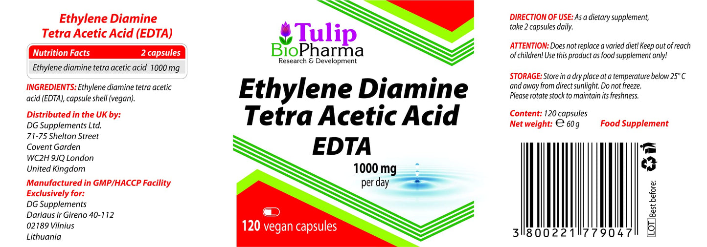 Tulip BioPharma EDTA (Ethylene Diamine Tetra Acetic Acid) 500mg 120 Vegan Capsules, 3rd Party Lab Tested, High Strength Supplement, Gluten and GMO Free