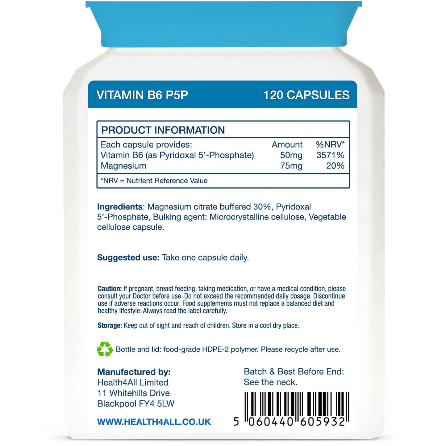 P5P 50mg Activated Vitamin B6 with Magnesium Citrate for Tiredness & Fatigue - 120 Capsules 4 Month Supply - Pyridoxal 5'-Phosphate - Vegan VitB6 Supplement - Made in UK by Health4All