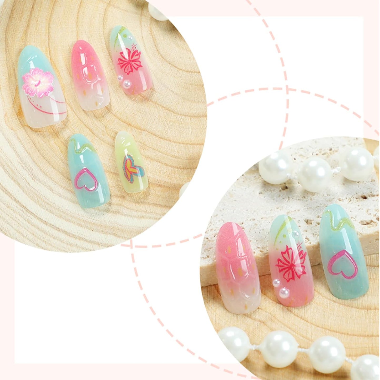 Muorruo 30 Pieces Summer Press-on Nails, medium size, almond shape, artificial nails with 3D floral starfish design, summer beach art nails, pearl glued nail, acrylic
