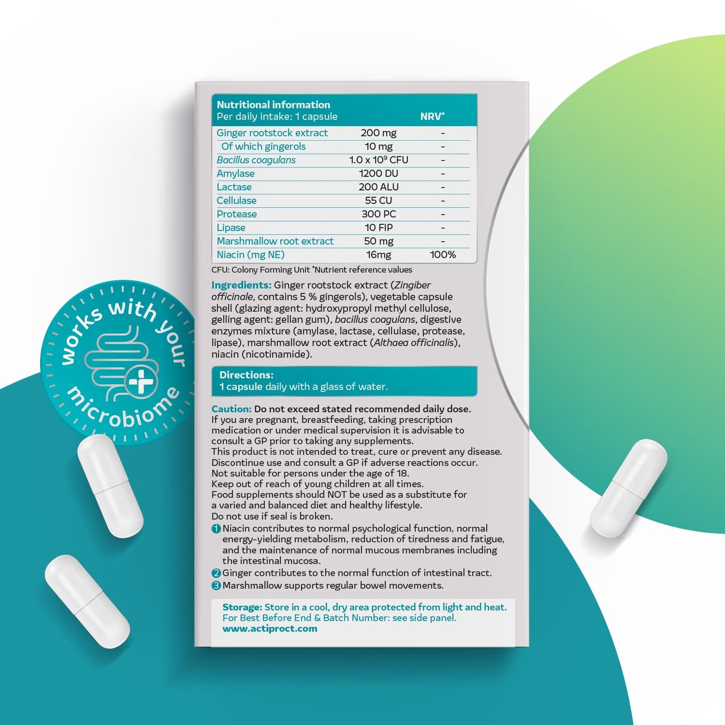 ACTIPROCT ActiProct Daily Protection Bowel Balance - Food supplement, supports gut health and well-being, Clinically tested -probiotics, digestive enzymes, ginger - 1 billion live bacteria per capsule - 30 oral