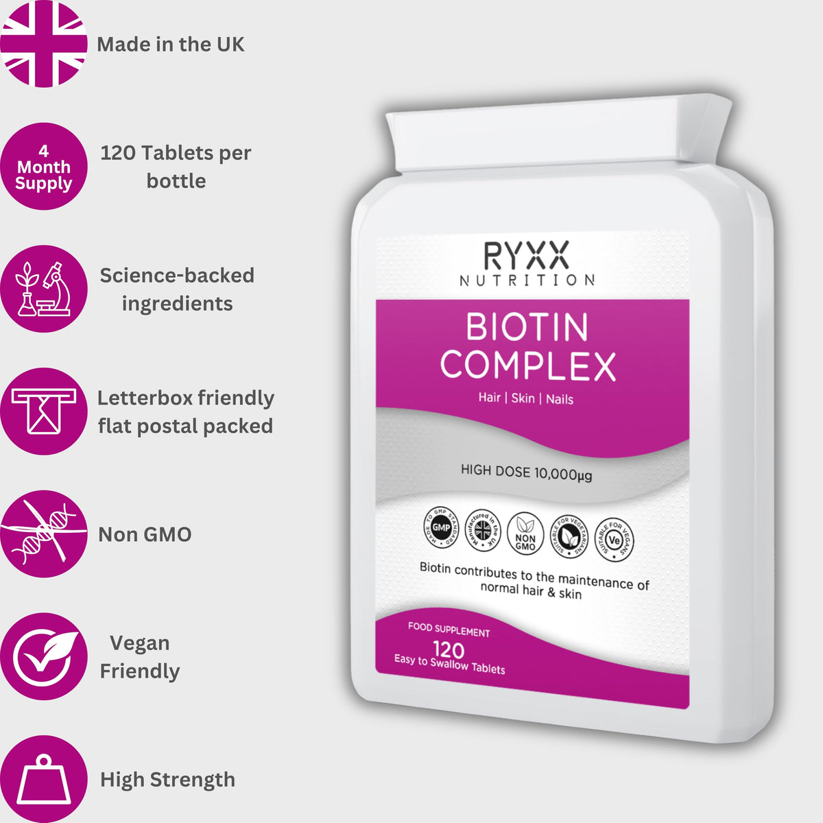 Ryxx Biotin Complex 10,000µg | High Strength Biotin for Hair Growth, Skin & Nails | 120 Vegan Tablets | Made in the UK by RYXX