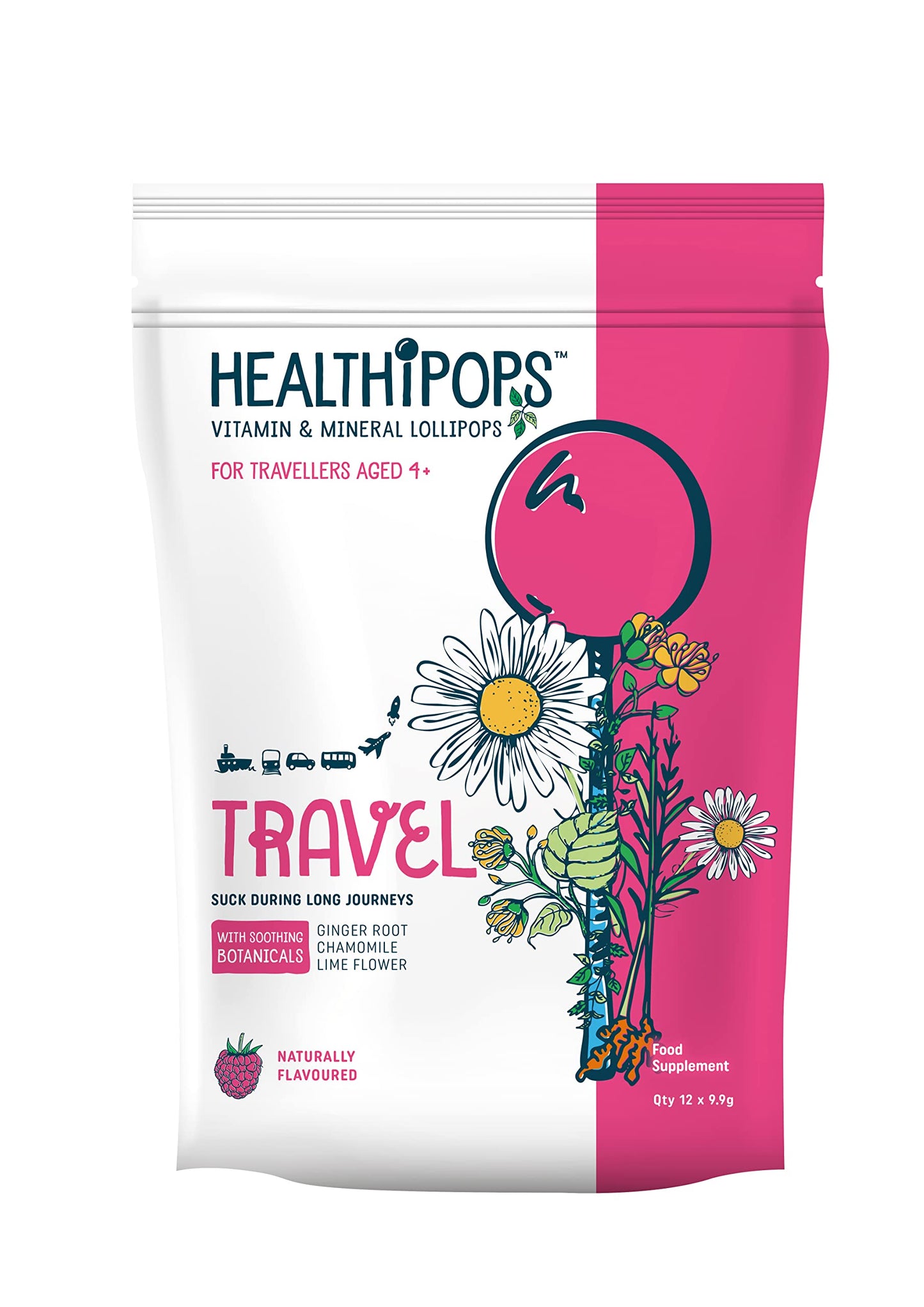 Healthipops Vitamin & Mineral Lollipops Travel Suitable for Ages 4+ with Added Soothing Botanicals, Ginger Root, Chamomile and Lime Flower, Raspberry Flavour 12 Lollipops