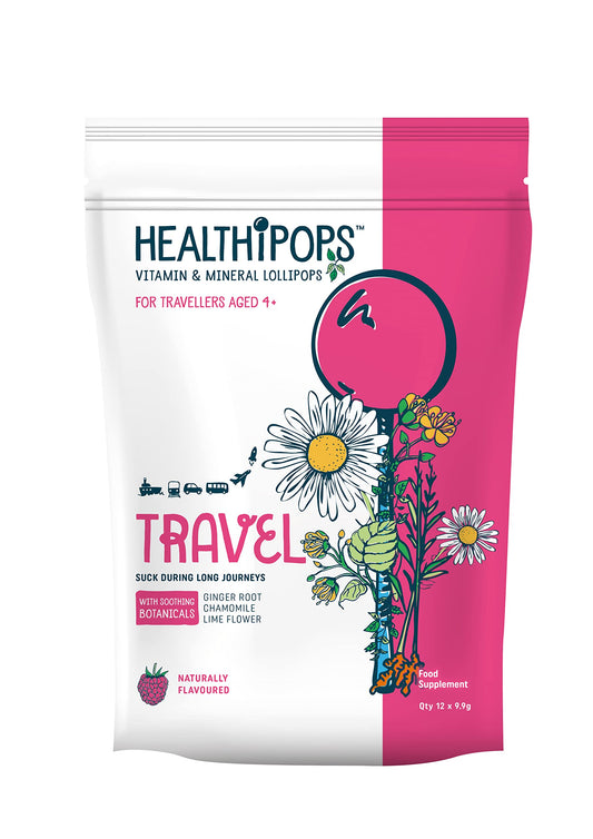Healthipops Vitamin & Mineral Lollipops Travel Suitable for Ages 4+ with Added Soothing Botanicals, Ginger Root, Chamomile and Lime Flower, Raspberry Flavour 12 Lollipops