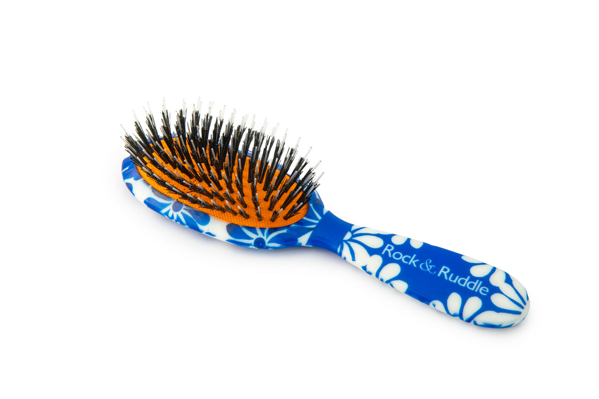Rock & Ruddle Natural Mixed Boar Bristle Hair Brush for Women and Kids (Small/Travel Size, 17.5cm - Perfect for Wet or Dry Hair, Detangling Smoothing Blowdrying - Made in UK - Blue Ribbon