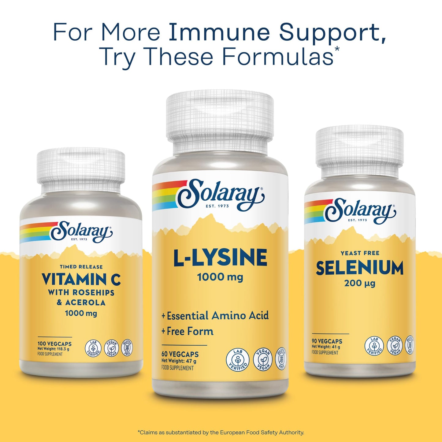 SOLARAY L-Lysine 1000mg - 60 Vegan Capsules not Powder - Double Strength l Lysine - Amino Acid Supplement - Non GMO & Lab Verified - Solaray
