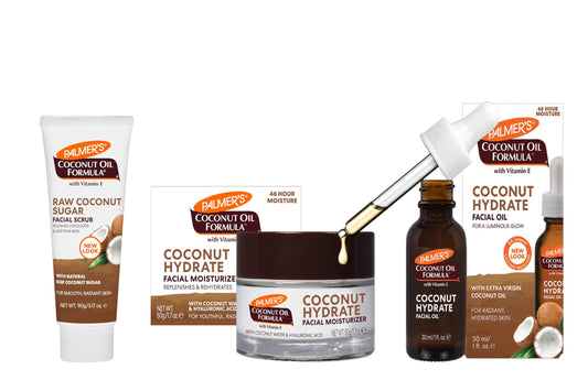 Palmer's Coconut Oil Formula Facial Care Set with Vitamin E – Includes Raw Coconut Sugar Facial Scrub 90g, Facial Moisturiser 50g, and Facial Oil 30ml for Smooth, Radiant, and Hydrated Skin | 3 Pack