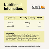 SunVit-D3 Vitamin D3 400IU with Added 600mg Calcium Tutti Frutti Tablets -Supports The Maintenance of Bone, Teeth, Muscle & Immune System - 56 Chewable Tablets