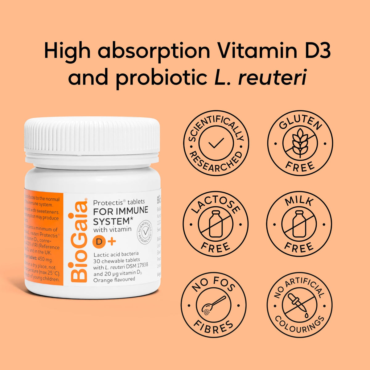 BioGaia BIOGAIA Protectis Probiotic Tablets with Vitamin D3, Orange Flavoured, 30 Tablets
