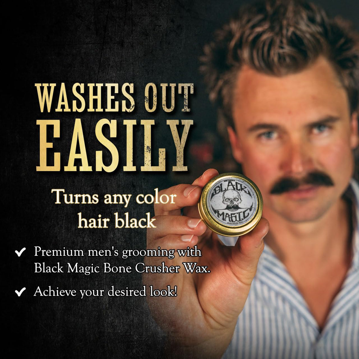 THE VINTAGE GROOMING CO. Black Mustache Wax | Black Magic Bone Crusher Moustache Wax | Hide Grey Hair In Beard Or Moustache | Extra Strong Hold Mustache Wax Unscented | 1 oz or 30ml Tin Heat Source Required