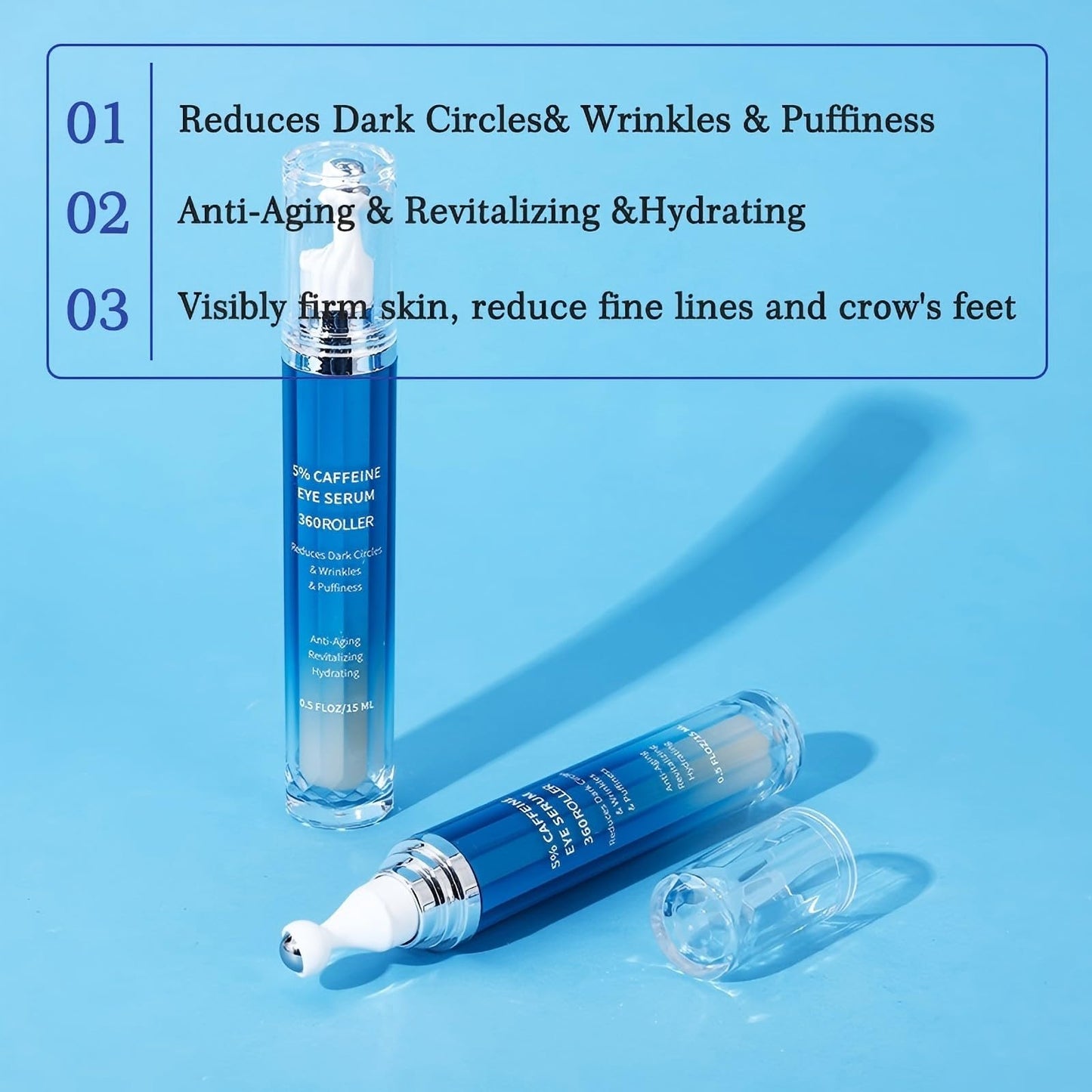 VRAIKO Eye Serum for Dark Circles and Puffiness, 5% Caffeine 8% Retinol Under Eye Cream with Build-In 3D Roller Applicator, Hyaluronic Acid Peptide for Hydration Fine lines Wrinkles, 0.5 fl oz