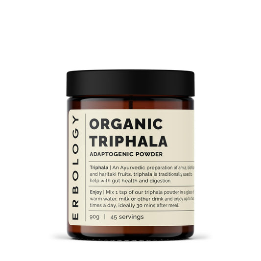 Erbology Organic Triphala Powder 90g - 45 Servings - Ayurvedic Blend of Amla, Haritaki and Bibhitaki - Gut Health - Sustainably Sourced Straight from Farm in India - Small Batch - Vegan - GMO-Free