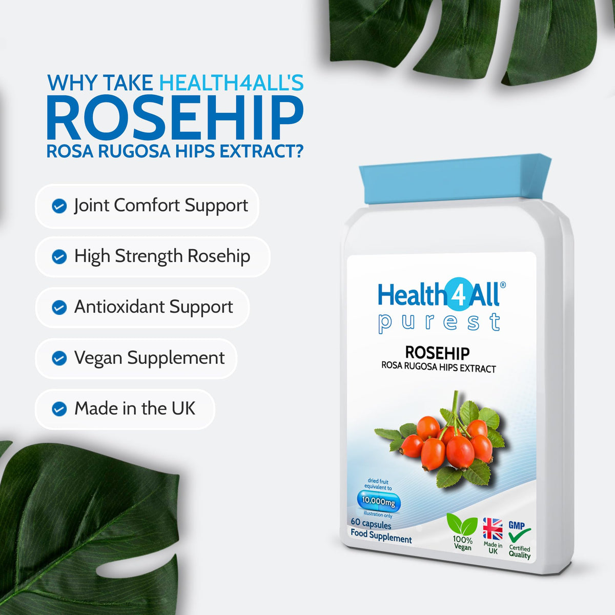 Health4All Rosehip 10,000mg per Capsule, 60 Capsules 2 Months Supply, High Strength Rosa Rugosa Hips Joint Support Supplement, Pure, Vegan, Naturally Sourced Extract (not Tablets) | Made in UK