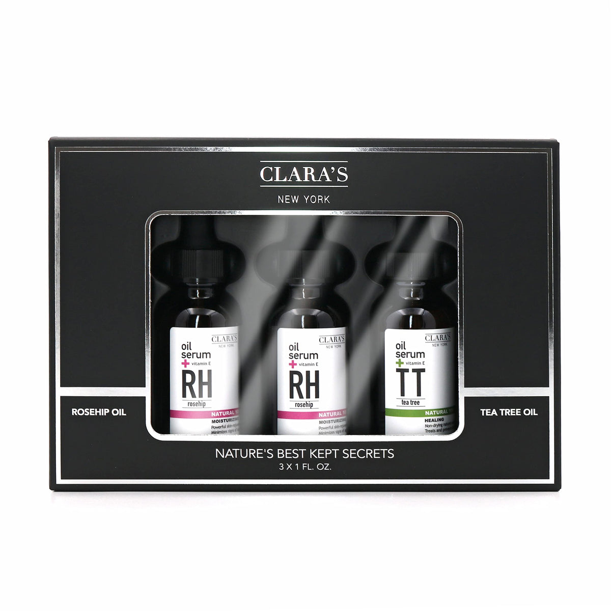 Clara's New York Nature's Best Kept Secrets Facial Serum Gift Set, Three Full Size Tea Tree and Rosehip Oil Face Serums, Moisturises and Repairs Skin Barrier 3 x 30ml